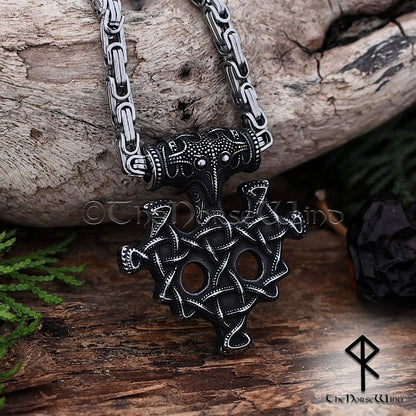 Thor's Hammer Viking Necklace with Raven Head & Celtic Knots