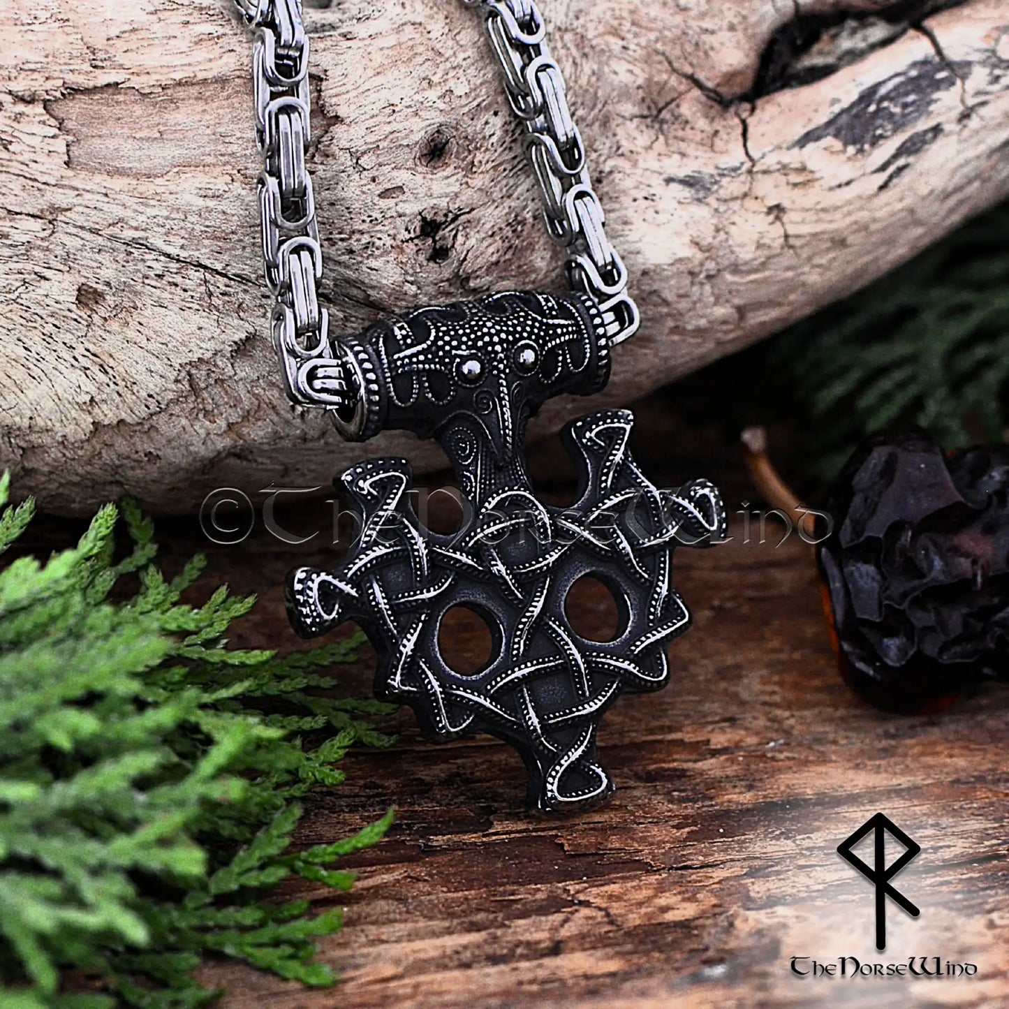 Thor's Hammer Viking Necklace with Raven Head & Celtic Knots