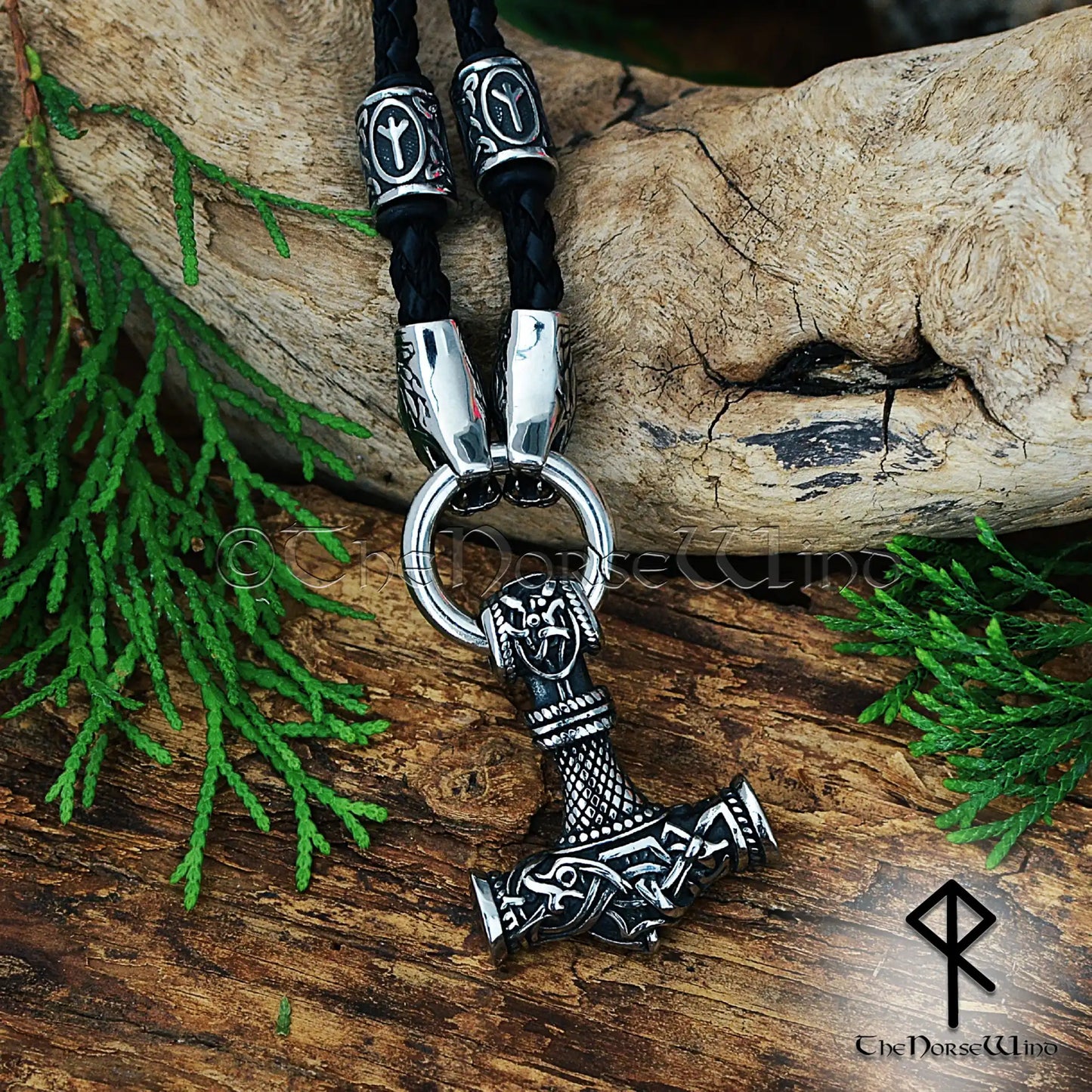 Personalized Viking Thor’s Hammer Necklace – Mjolnir Pendant with Wolf Heads & Rune Beads