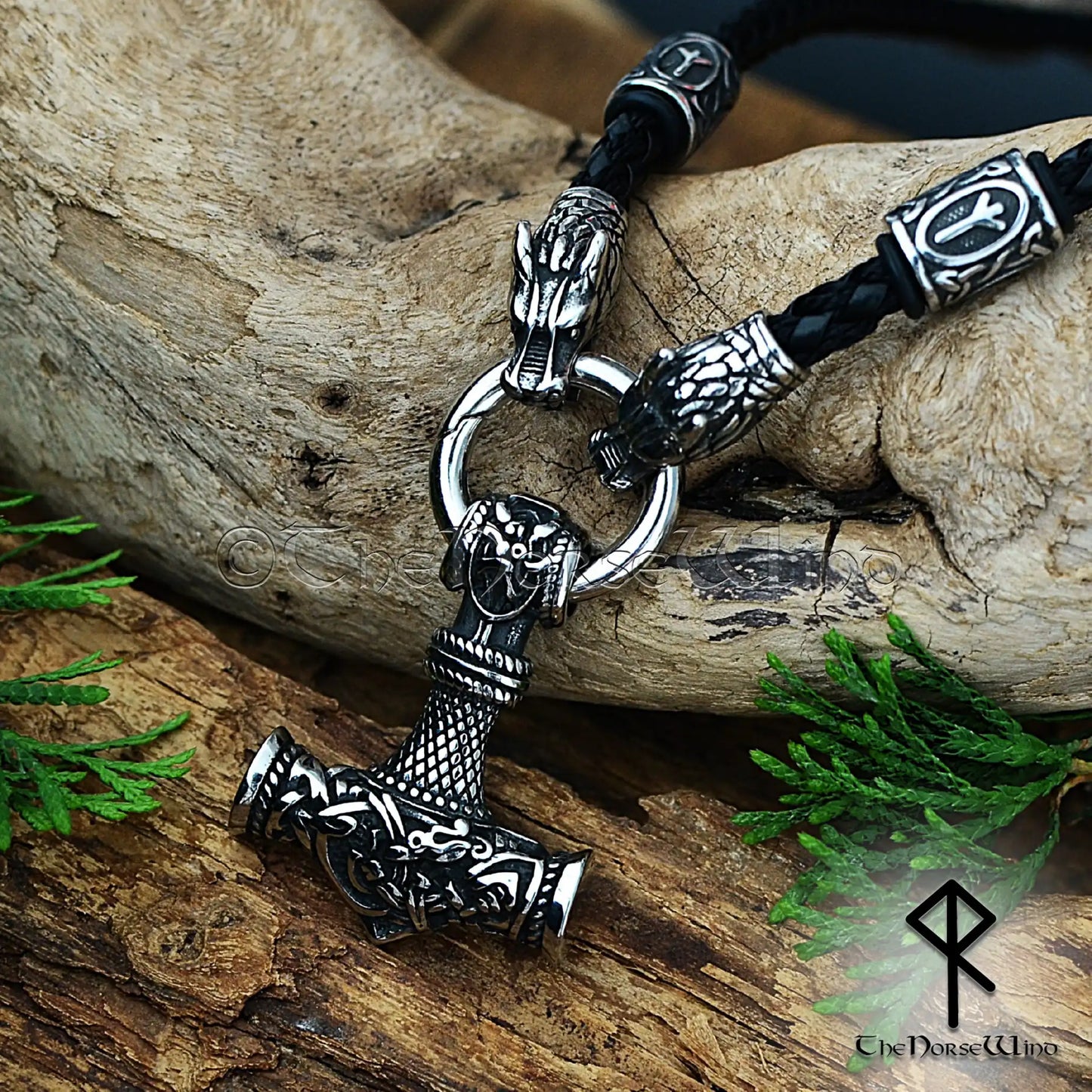 Personalized Viking Thor’s Hammer Necklace – Mjolnir Pendant with Wolf Heads & Rune Beads