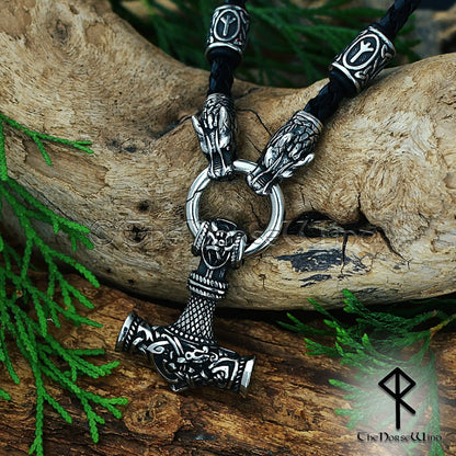 Personalized Viking Thor’s Hammer Necklace – Mjolnir Pendant with Wolf Heads & Rune Beads