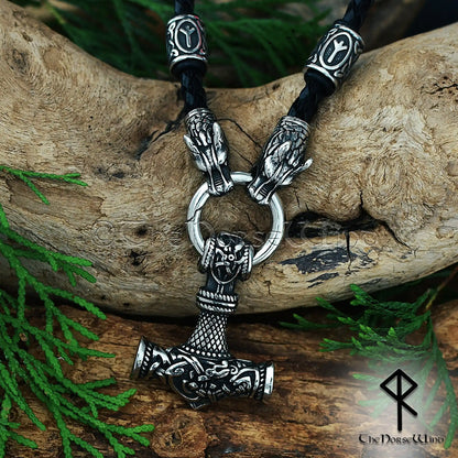 Personalized Viking Thor's Hammer Necklace Mjolnir Wolf Head