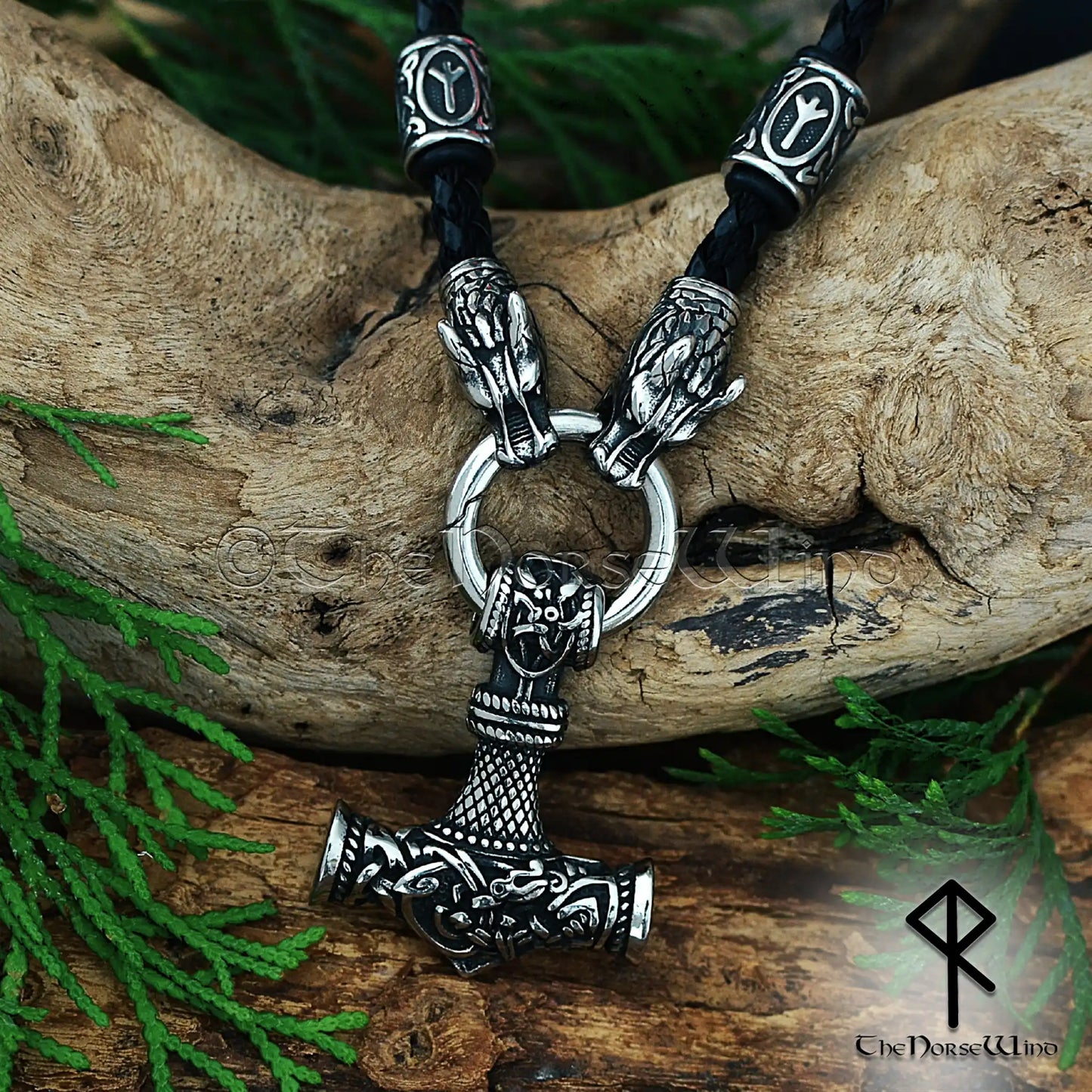 Personalized Viking Thor’s Hammer Necklace – Mjolnir Pendant with Wolf Heads & Rune Beads