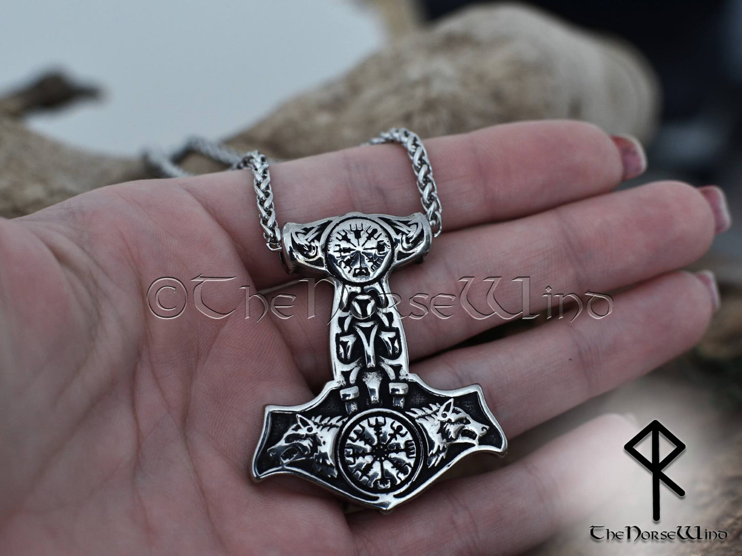 Thor's Hammer Necklace Geri & Freki Viking Wolf Mjolnir Pendant