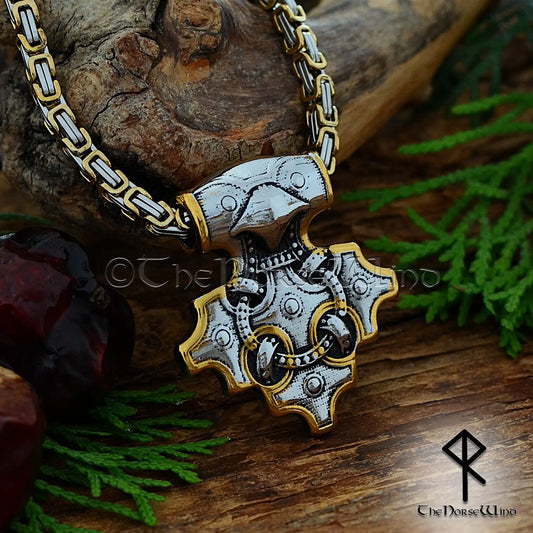 Thor's Hammer Viking Raven Necklace, Mjolnir Pendant in Silver & Gold