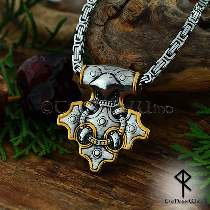 Thorshammer Wikinger Raben Halskette, Mjolnir Anhänger in Silber &amp; Gold