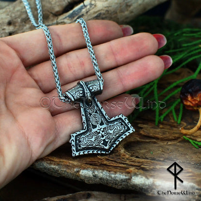 Custom Thor's Hammer Necklace - Viking Mjolnir Pendant with Personalized Runes - The Norse Wind