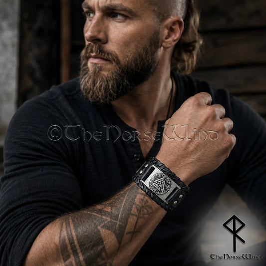 Black Valknut Viking leather bracelet with silver-tone Odin rune centerpiece