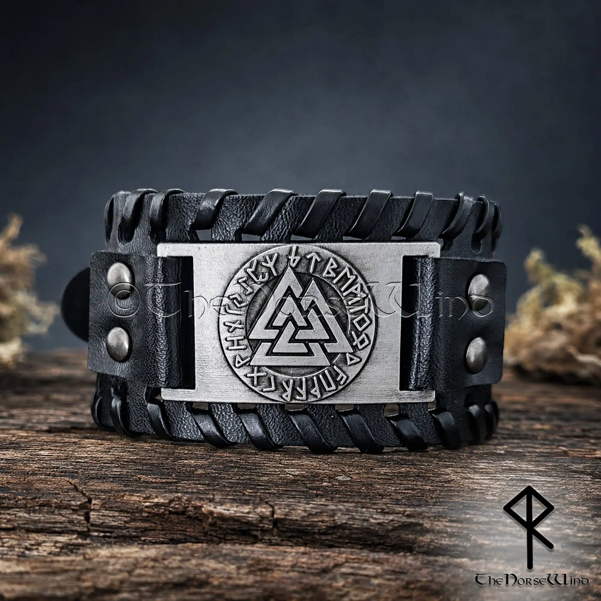 Wide black Viking leather cuff with engraved Valknut and Elder Futhark runes