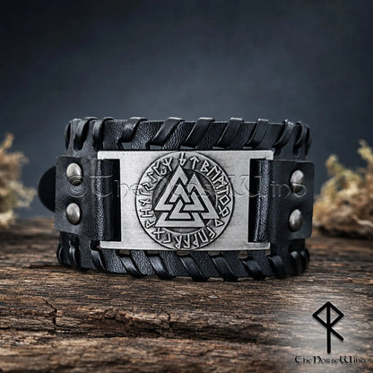 Wide black Viking leather cuff with engraved Valknut and Elder Futhark runes