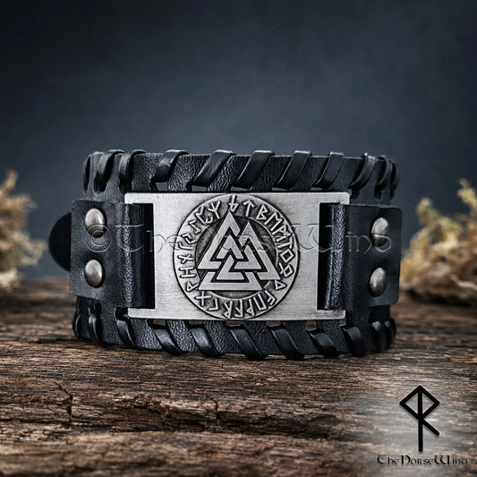 Wide black Viking leather cuff with engraved Valknut and Elder Futhark runes