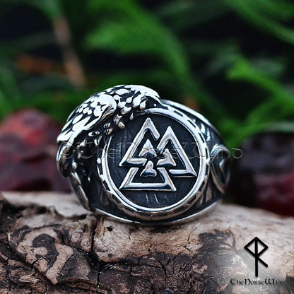 Odin’s Symbol Viking Ring - Valknut & Raven Norse Warrior Ring