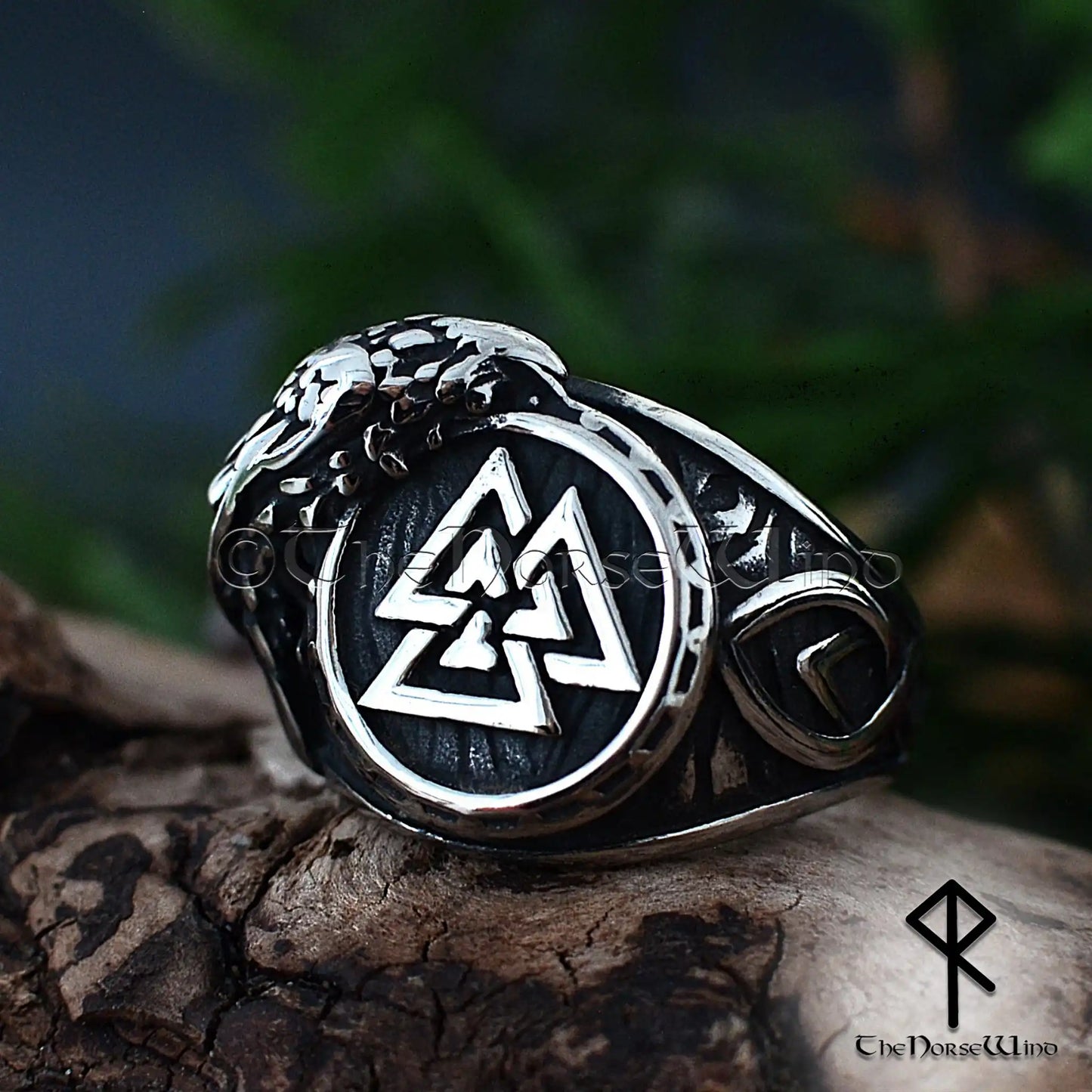 Odin’s Symbol Viking Ring - Valknut & Raven Norse Warrior Ring