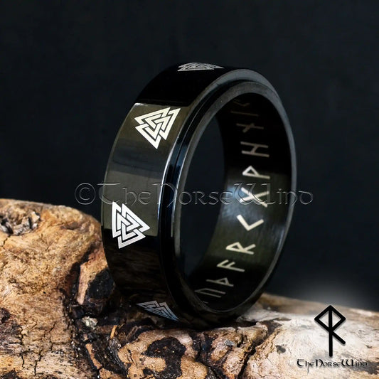 Valknut Viking Runes Ring - Black Spinner Band