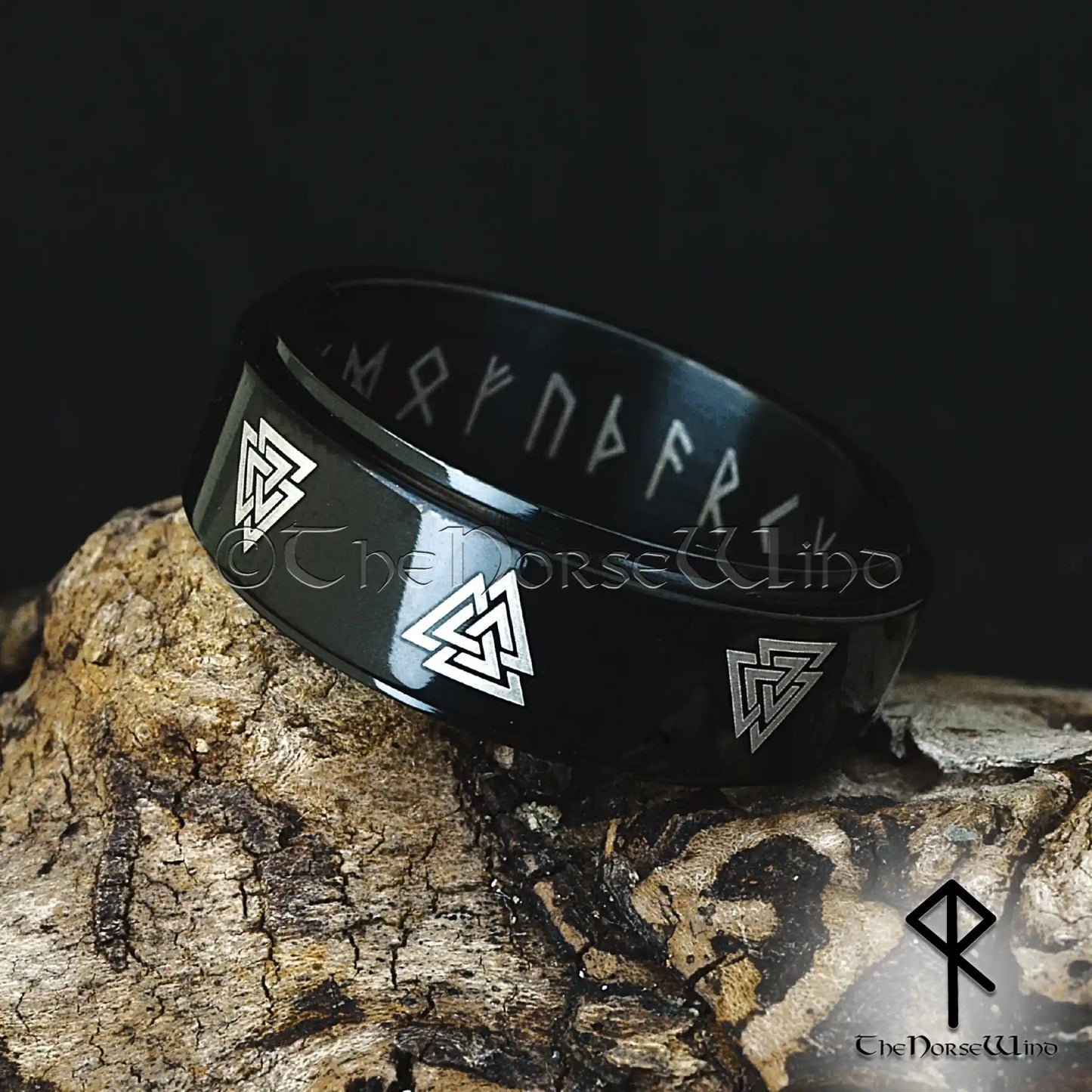 Valknut Viking Runes Ring - Black Spinner Band - The Norse Wind