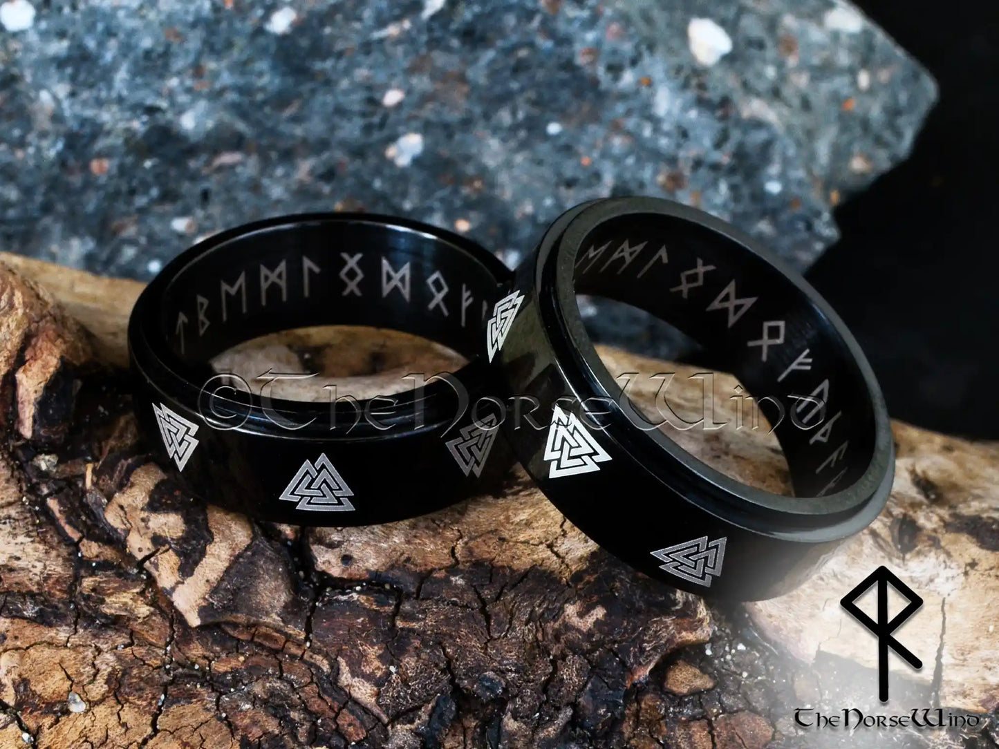 Valknut Viking Runes Ring - Black Spinner Band