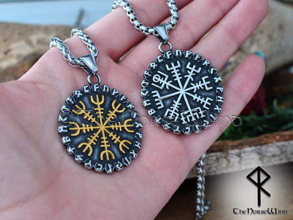 Vegvisir Viking Necklace with Helm of Awe Norse Runes Pendant in Silver or Gold