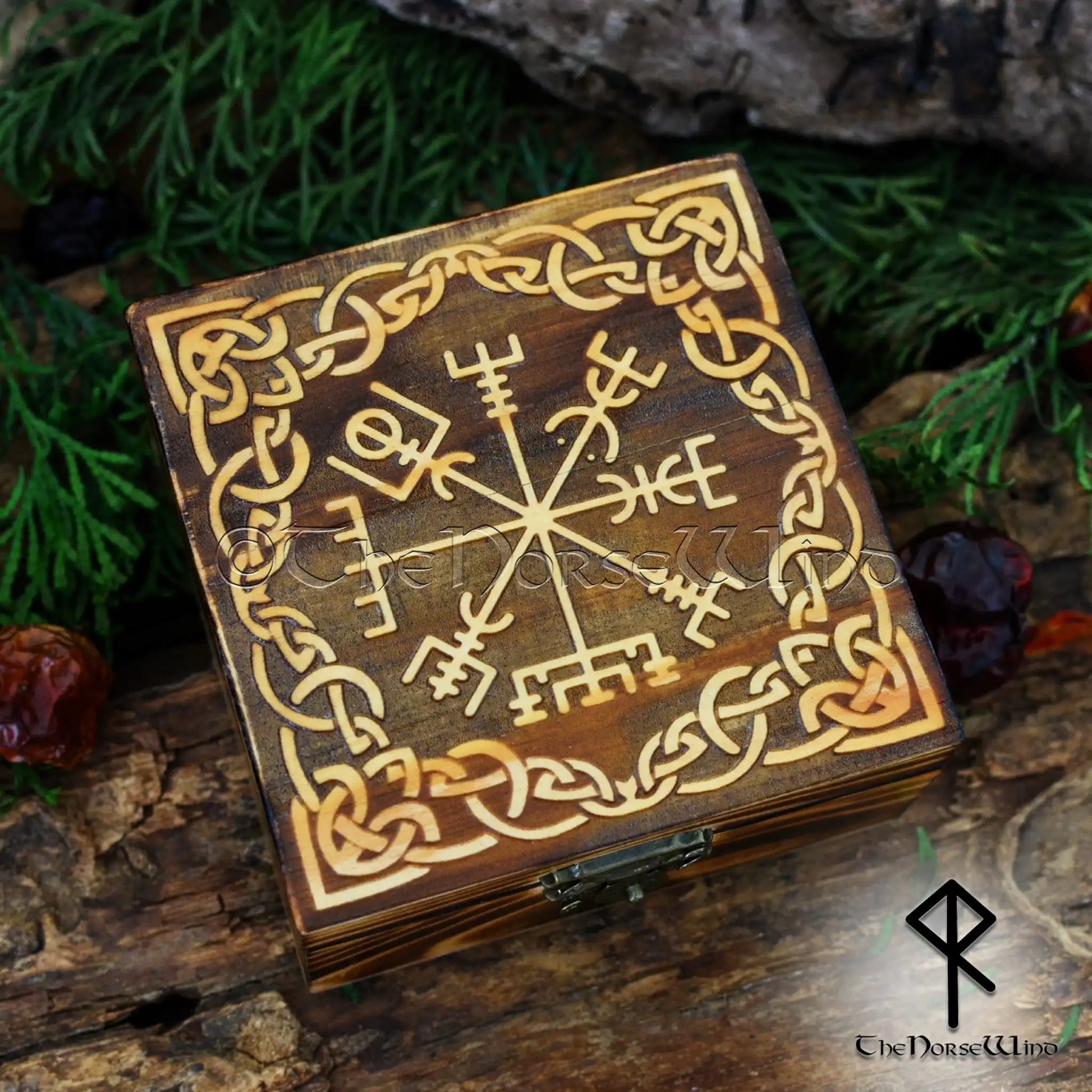 Viking Compass Vegvisir Box, Carved Wooden Chest - The Norse Wind