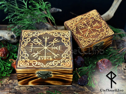Viking Compass Vegvisir Box, Carved Wooden Chest - The Norse Wind