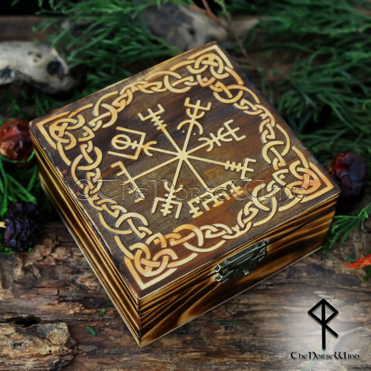 Viking Compass Vegvisir Box, Carved Wooden Chest