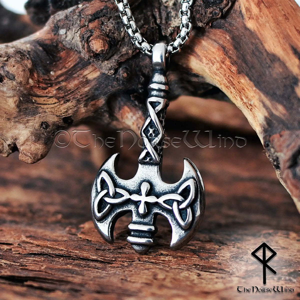 Double-headed Viking axe necklace with Celtic knotwork and Triquetra stainless steel pendant