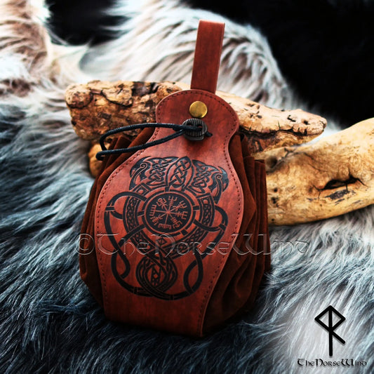 Gürteltasche aus Leder mit keltischem Drachen und Vegvisir aus der Wikingerzeit