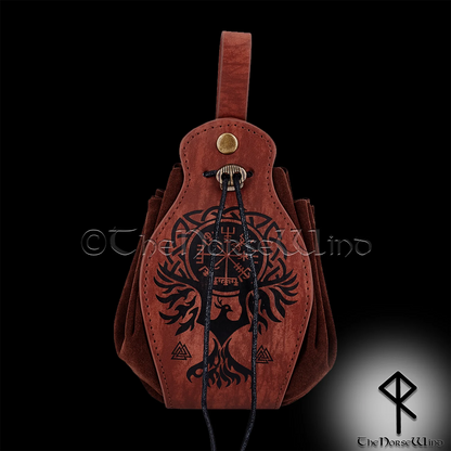 Viking Leather Belt Pouch, Vegvisir & Raven Medieval Bag