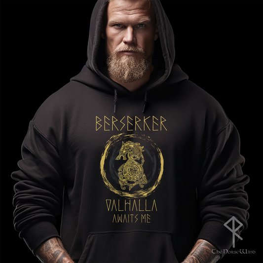 Berserk Viking Hoodie <Valhalla Awaits Me> Viking Warriors Sweatshirt with Celtic Knots Bear