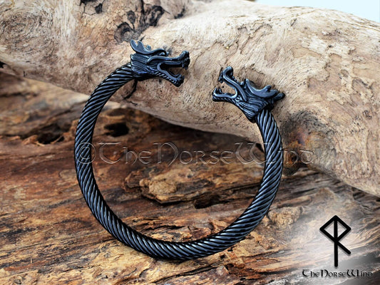 Wikinger-Armband, Drachenkopf-Torc, Armring aus schwarzem Stahl