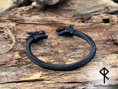 Wikinger-Armband, Drachenkopf-Torc, Armring aus schwarzem Stahl