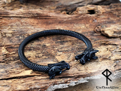 Viking Bracelet Dragon Head Torc, Black Steel Arm Ring
