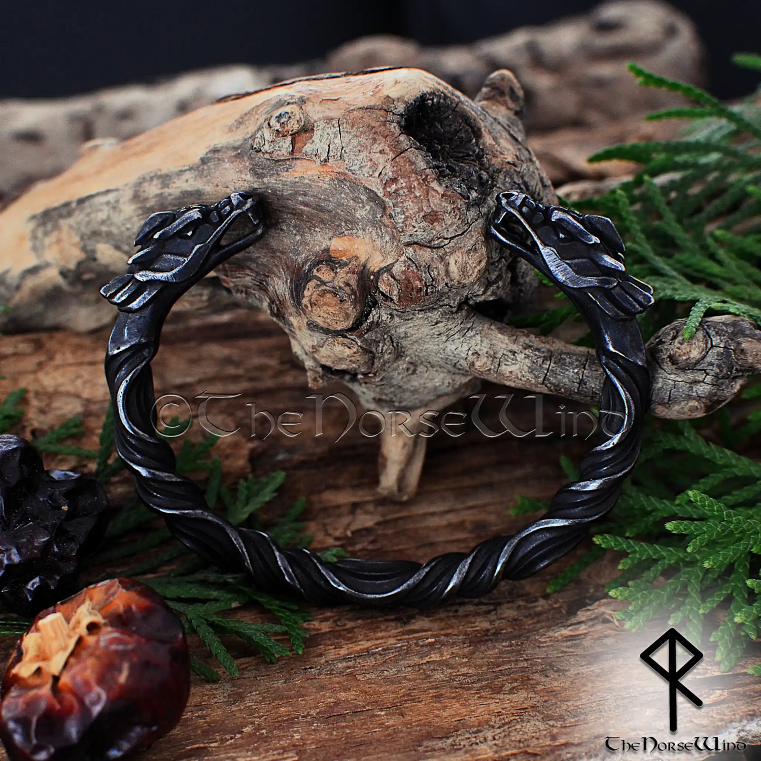 Viking dragon bracelet in stainless steel with antique gunmetal finish inspired by Norse arm rings and Níðhöggr