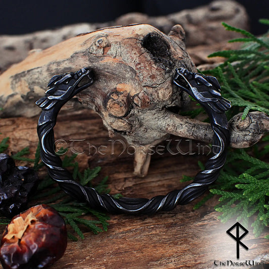Viking dragon bracelet in stainless steel with antique gunmetal finish inspired by Norse arm rings and Níðhöggr