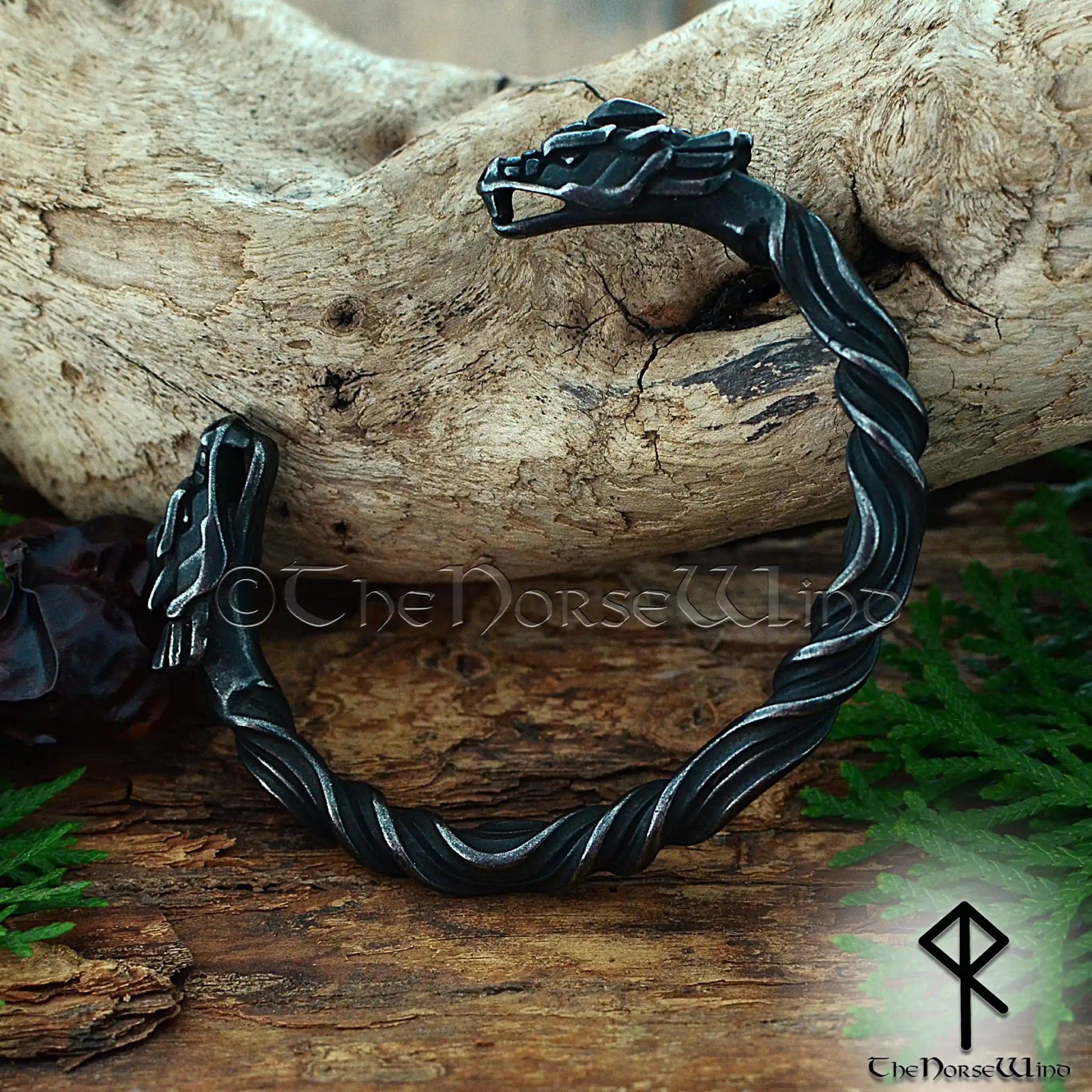 Viking dragon bracelet in stainless steel with antique gunmetal finish inspired by Norse arm rings and Níðhöggr