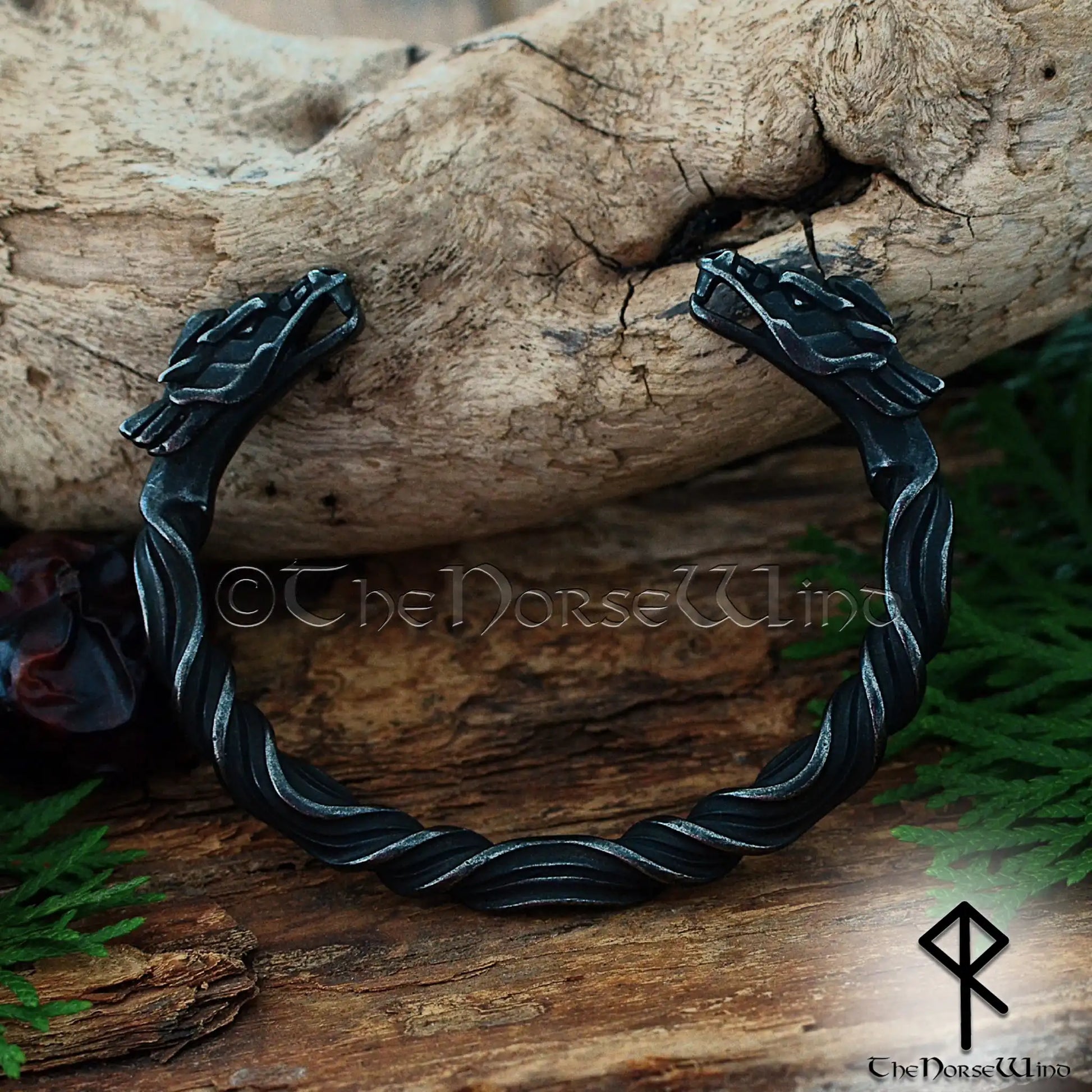 Viking dragon bracelet in stainless steel with antique gunmetal finish inspired by Norse arm rings and Níðhöggr