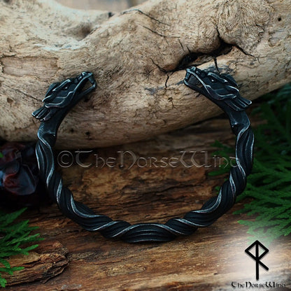 Viking dragon bracelet in stainless steel with antique gunmetal finish inspired by Norse arm rings and Níðhöggr