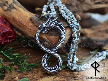 Viking Dragon Necklace, Norse Serpent Jormungandr Pendant