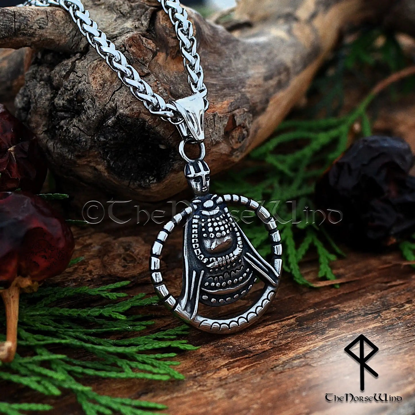 Viking Freya Necklace featuring a Norse amulet inspired by the historic Aska artifact in Sweden, crafted from stainless steel with leather and metal chain options