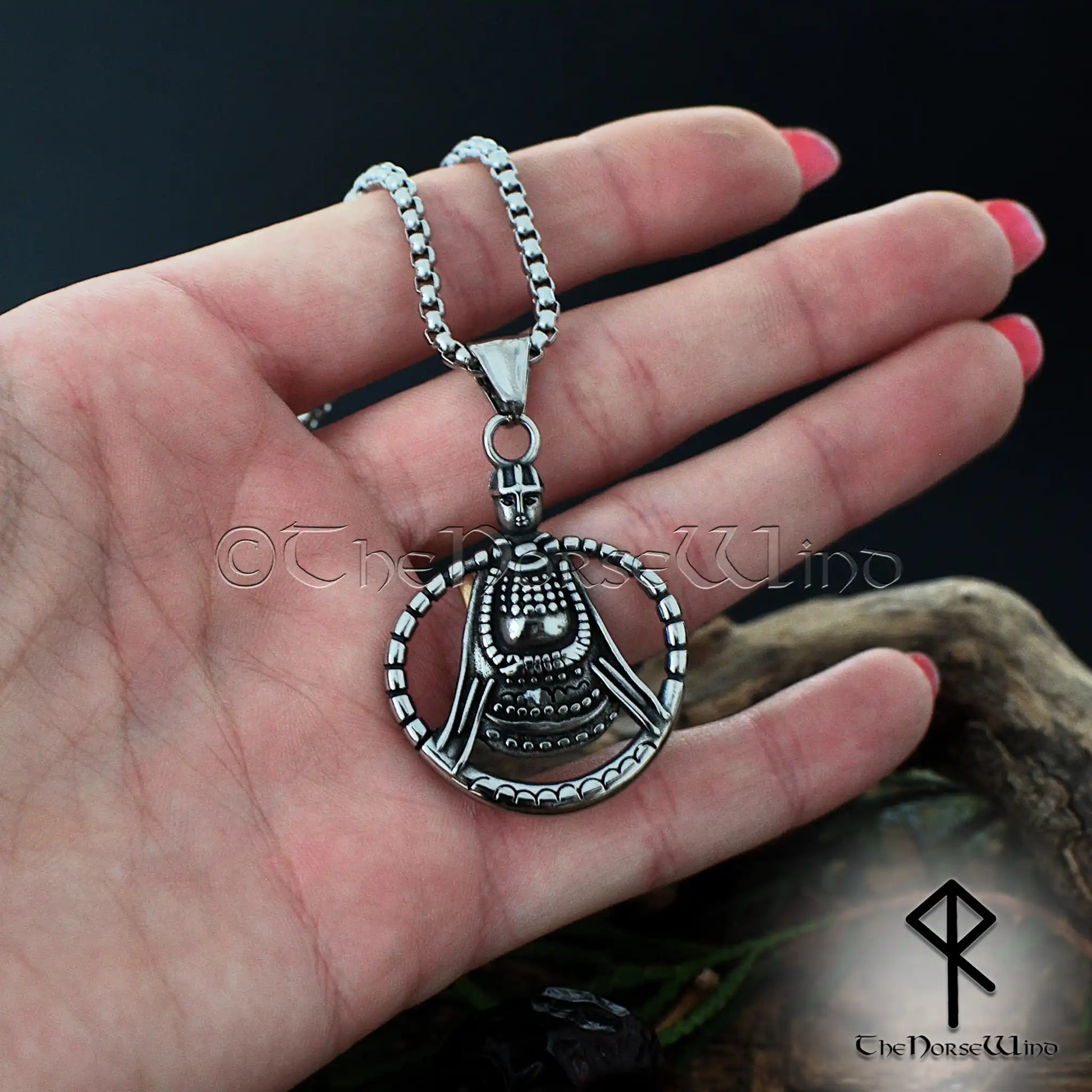 Viking Freya Necklace featuring a Norse amulet inspired by the historic Aska artifact in Sweden, crafted from stainless steel with leather and metal chain options