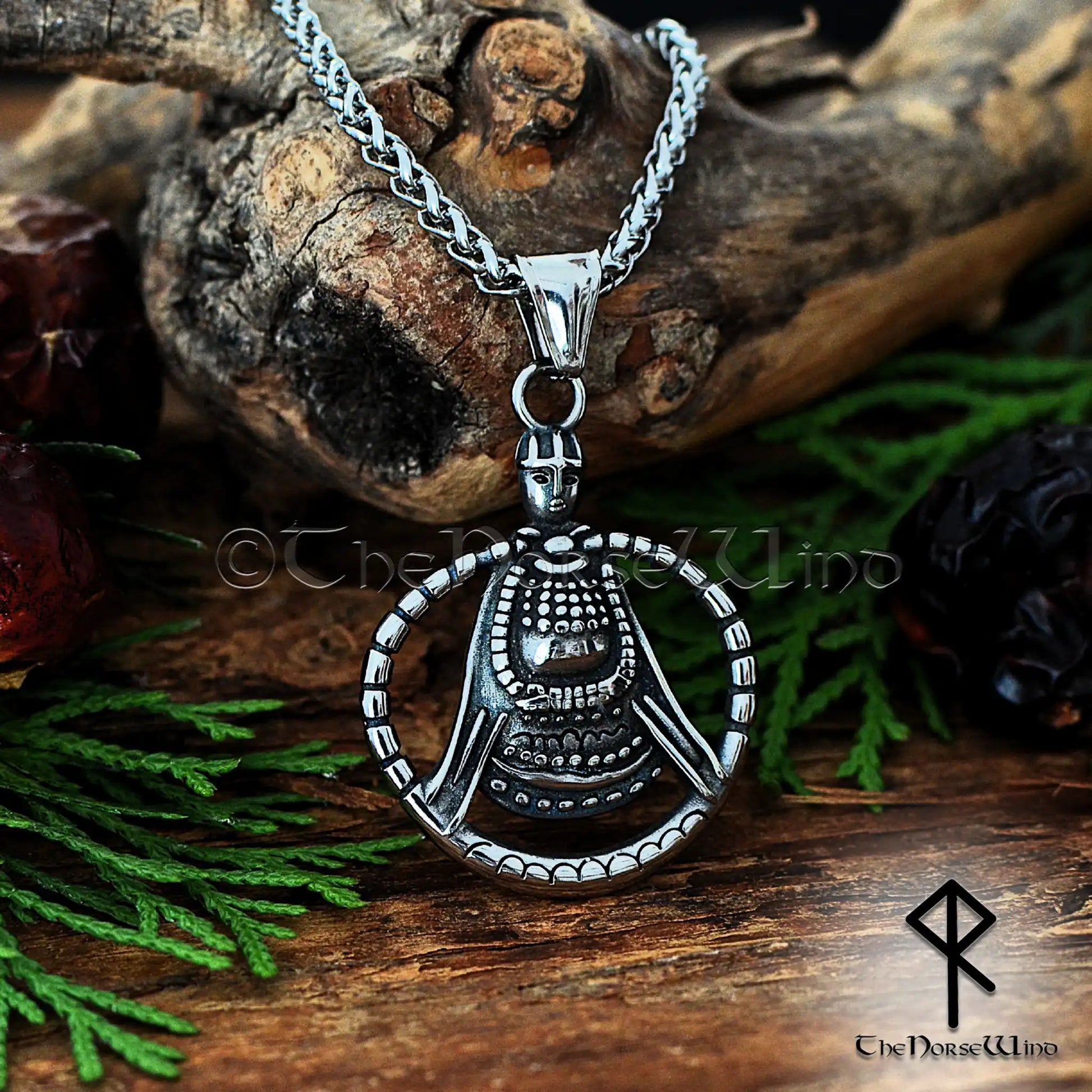 Viking Freya Necklace featuring a Norse amulet inspired by the historic Aska artifact in Sweden, crafted from stainless steel with leather and metal chain options