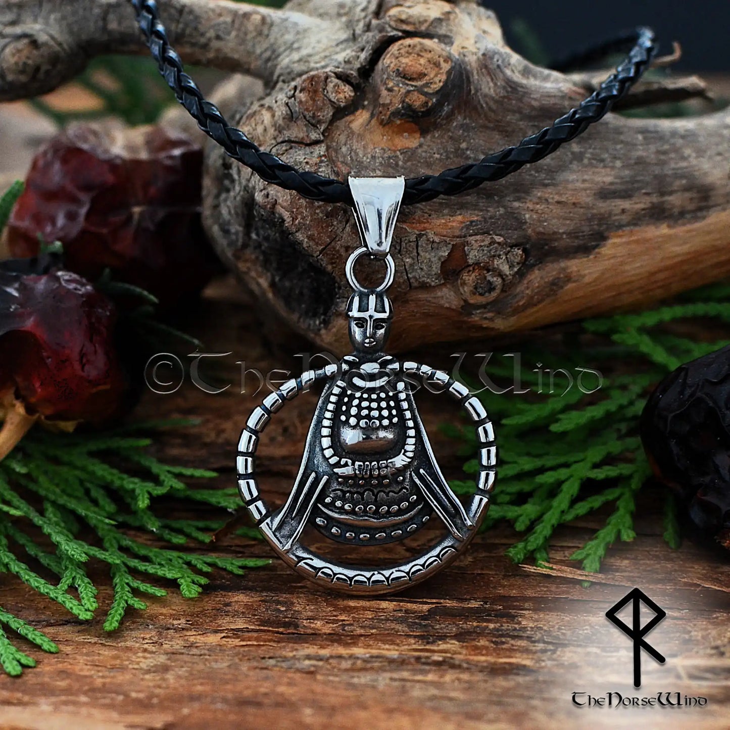 Viking Freya Necklace featuring a Norse amulet inspired by the historic Aska artifact in Sweden, crafted from stainless steel with leather and metal chain options