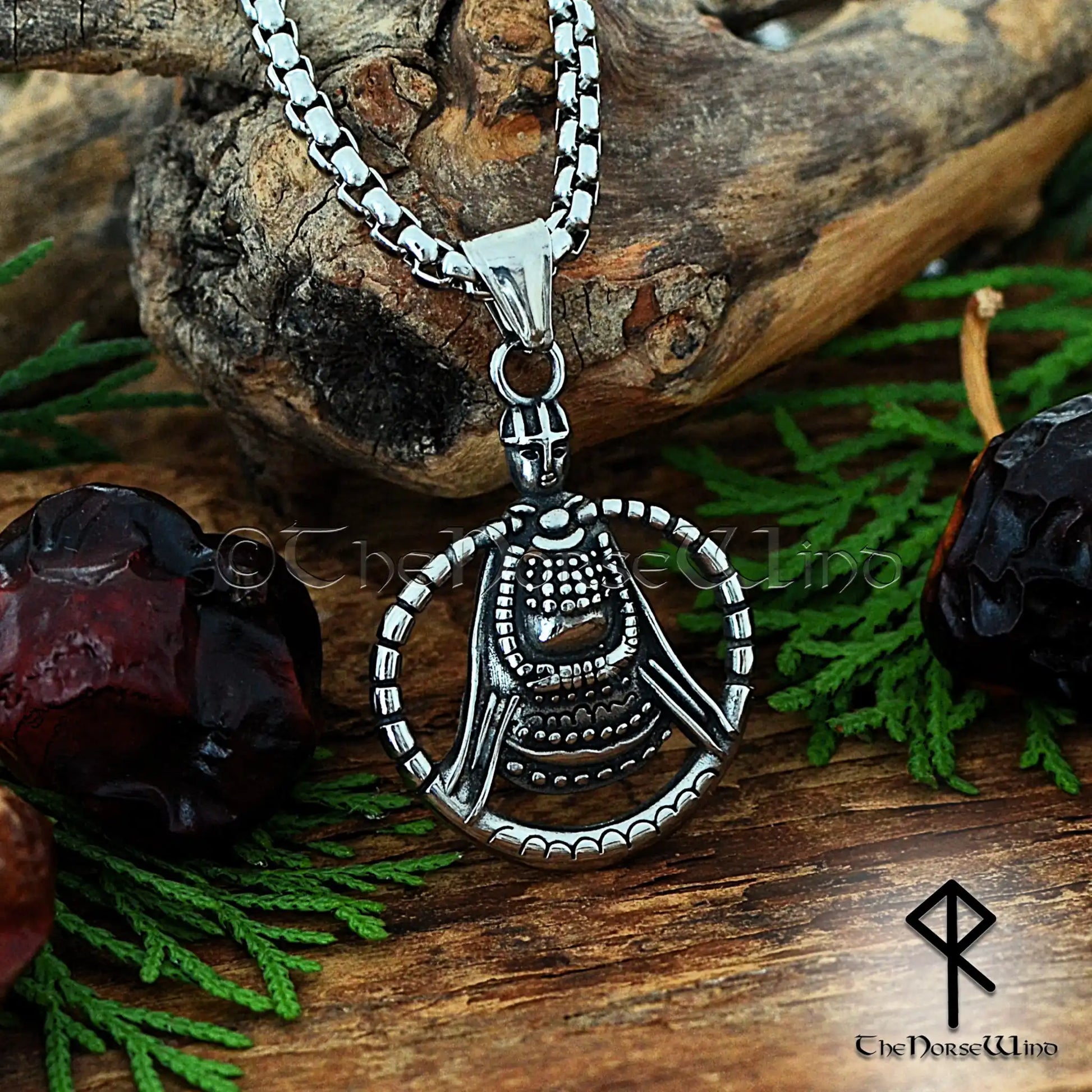 Viking Freya Necklace featuring a Norse amulet inspired by the historic Aska artifact in Sweden, crafted from stainless steel with leather and metal chain options