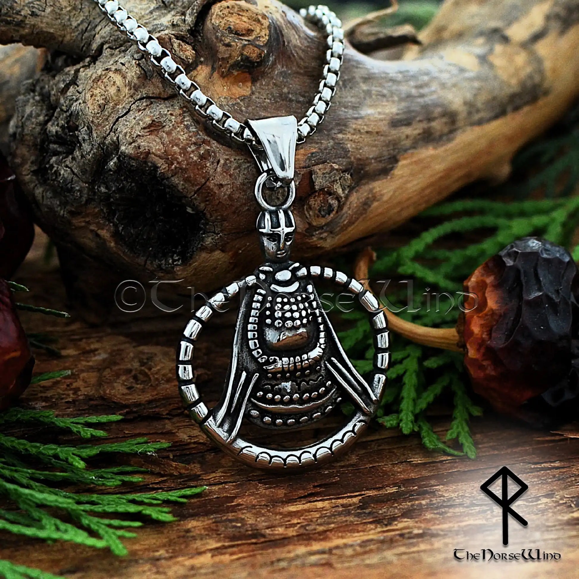 Viking Freya Necklace featuring a Norse amulet inspired by the historic Aska artifact in Sweden, crafted from stainless steel with leather and metal chain options