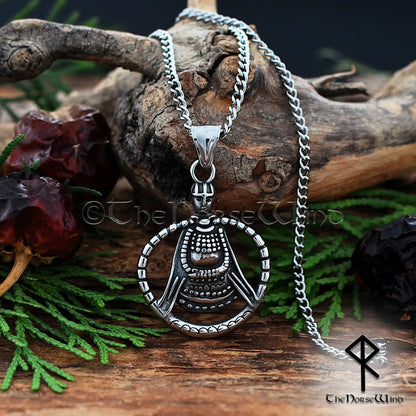 Viking Freya Necklace featuring a Norse amulet inspired by the historic Aska artifact in Sweden, crafted from stainless steel with leather and metal chain options