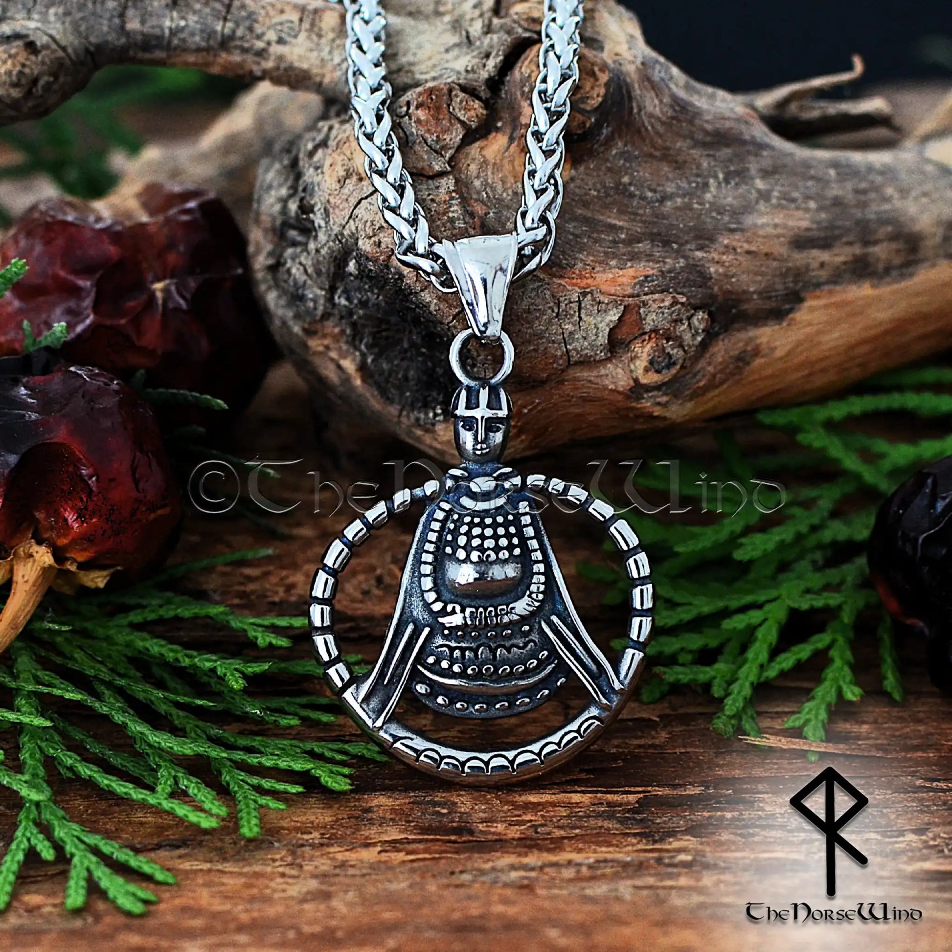 Viking Freya Necklace featuring a Norse amulet inspired by the historic Aska artifact in Sweden, crafted from stainless steel with leather and metal chain options