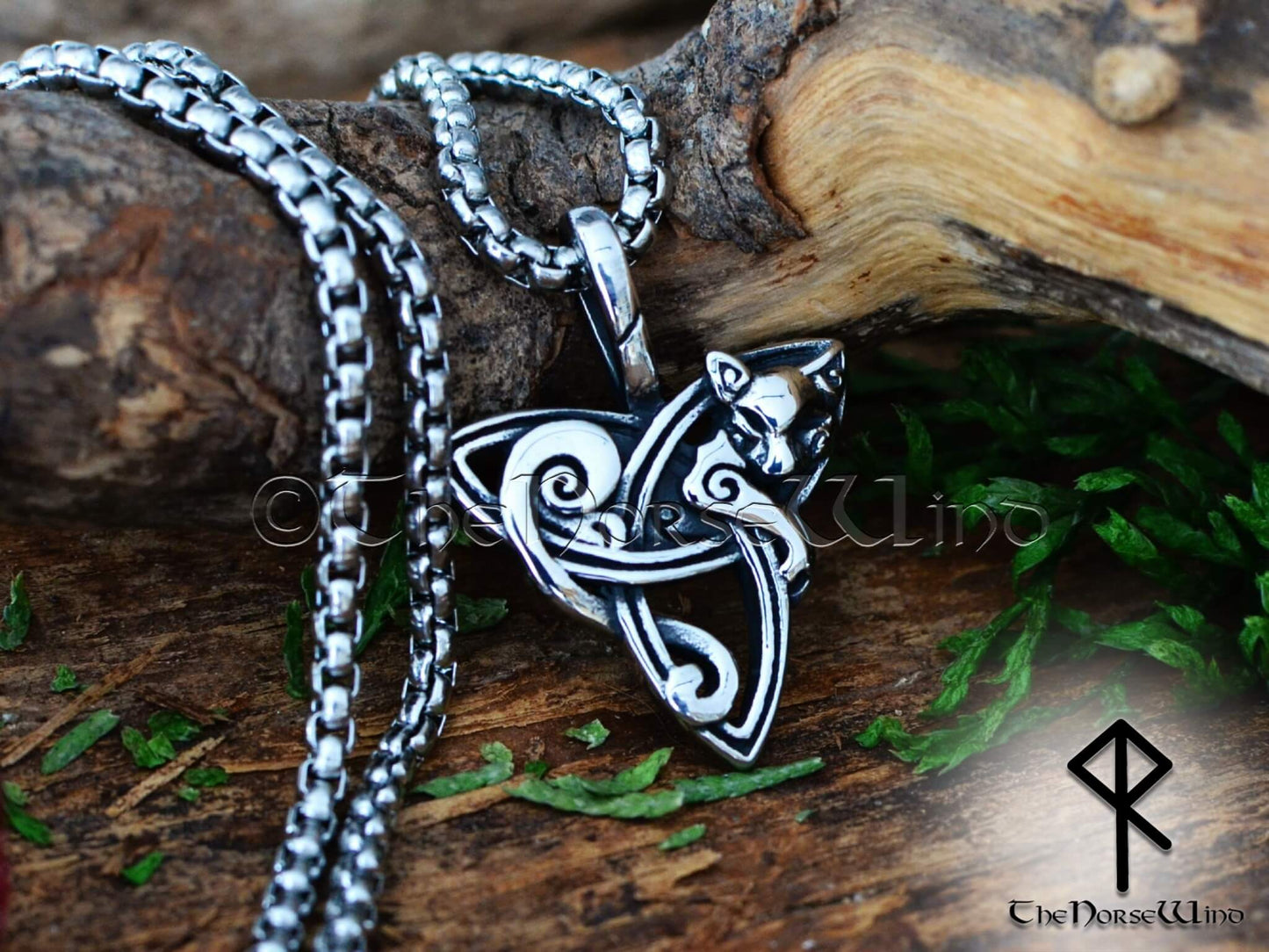 Freyas Katze Wikinger-Halskette, keltischer Triquetra-Anhänger – Edelstahl