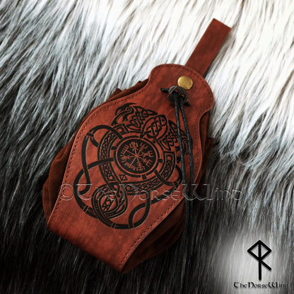 Celtic Dragon & Vegvisir Viking Leather Belt Pouch Bag