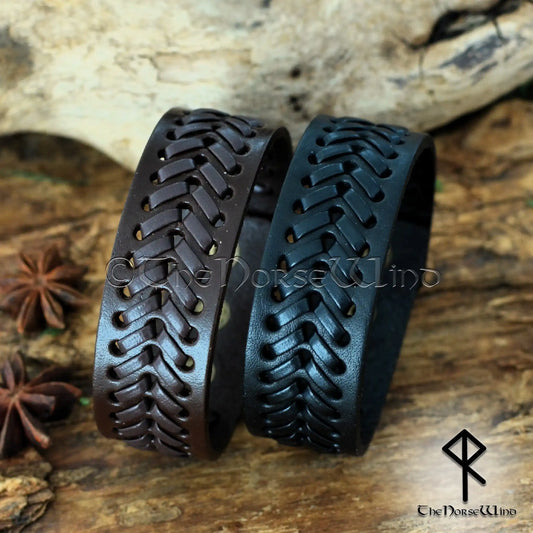Viking Leather Bracelet – Adjustable Braided Cuff in Black or Brown