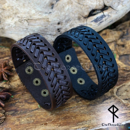 Viking Leather Bracelet – Adjustable Braided Cuff in Black or Brown