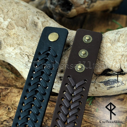 Viking Leather Bracelet – Adjustable Braided Cuff in Black or Brown
